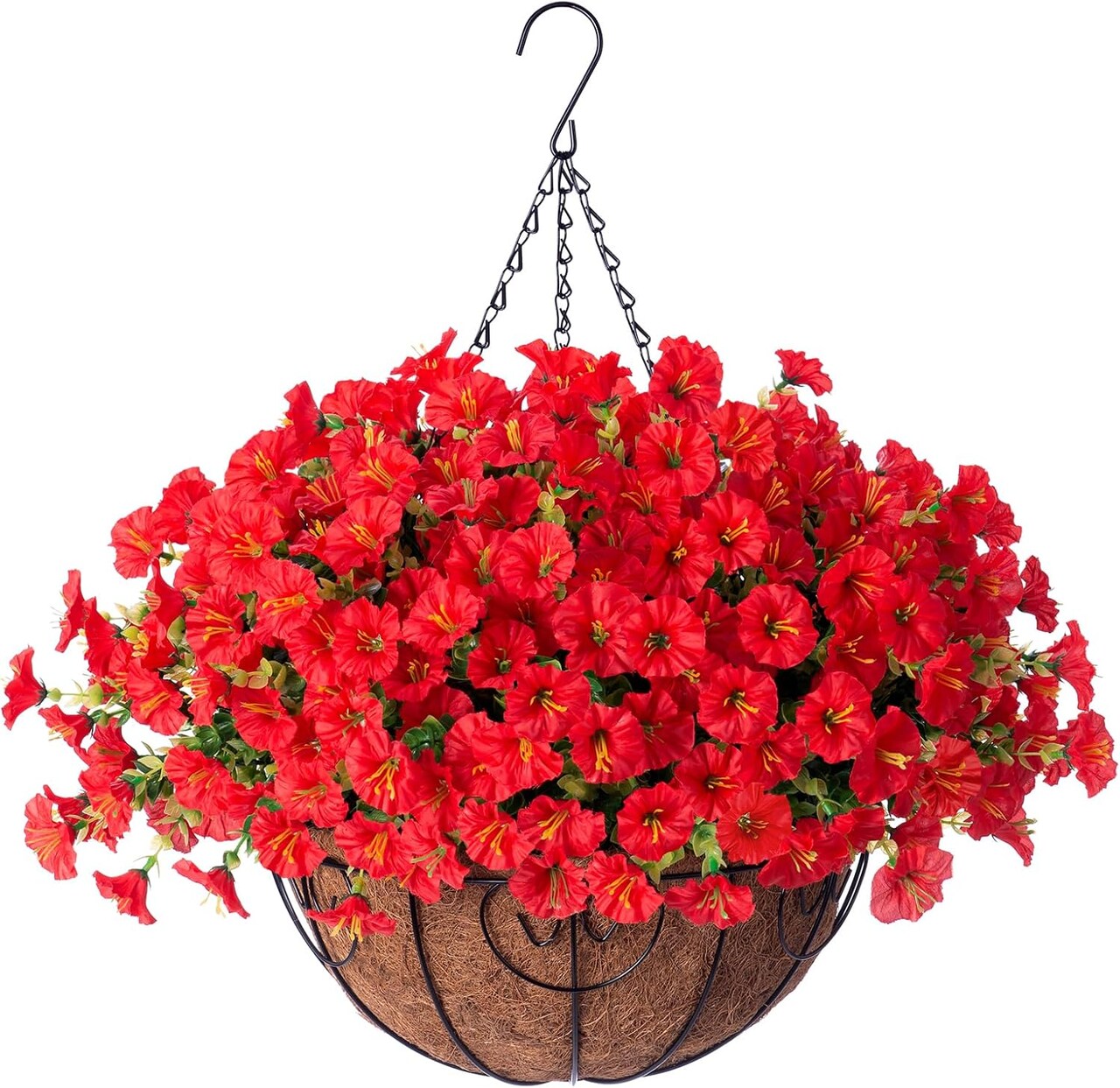 Artificial Faux Hanging Flowers Plants Baskets for Outdoors Outside Spring Decoration, Fake Silk Red Morning Glory UV Resistant Look Real for Front Door Porch Patio Balcony Yard Garden Home